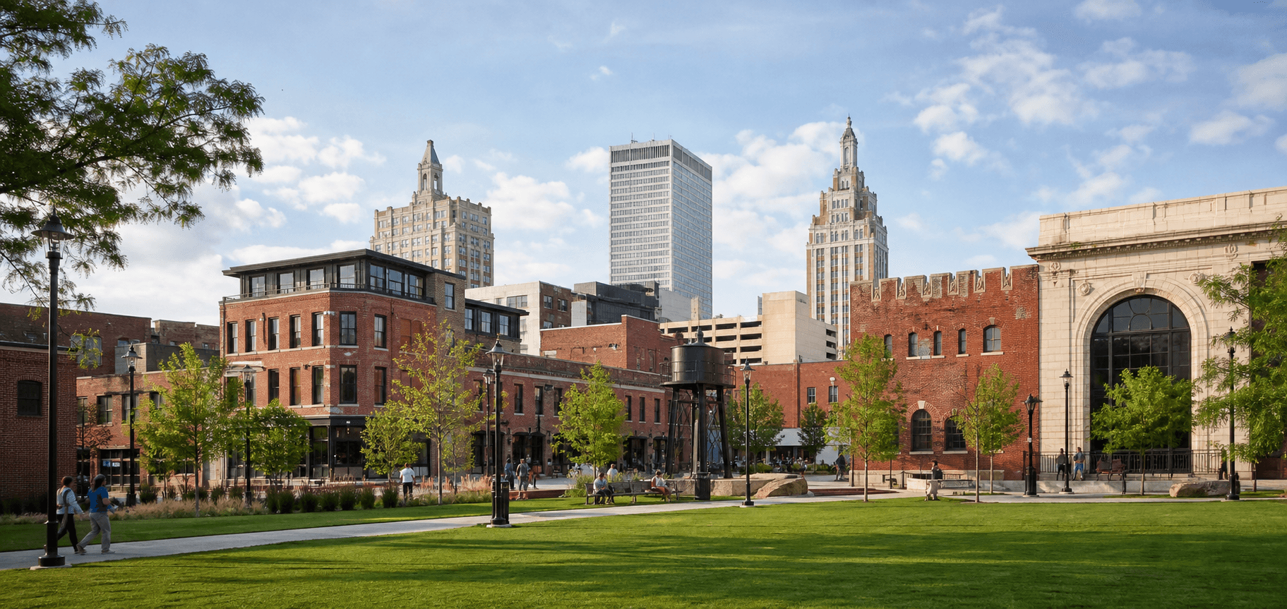 Editorial illustration of a green public space, brick cultural buildings and Art Deco towers in downtown Tulsa.